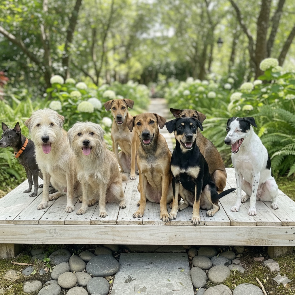 Demi's eight dogs sitting together on a garden deck